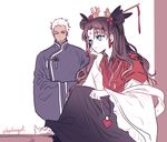  1girl archer blue_eyes brown_hair byulrorqual chinese_clothes dark_skin fate/stay_night fate_(series) hanfu jewelry necklace toosaka_rin two_side_up white_hair wide_sleeves 