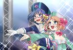  1girl blue_eyes blush brother_and_sister brown_hair cardfight!!_vanguard glasses hat headset music open_mouth sendou_aichi sendou_emi shijimi_(outa) short_hair siblings singing smile sparkle 