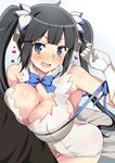  aoi_manabu arm_ribbon bell_cranel black_hair blue_eyes blue_ribbon blush breast_press breasts cleavage cleavage_cutout dress dungeon_ni_deai_wo_motomeru_no_wa_machigatteiru_darou_ka gloves hair_ornament hair_ribbon heart hestia_(danmachi) large_breasts long_hair looking_at_viewer rei_no_himo ribbon saliva smile solo sweat twintails white_dress white_gloves 