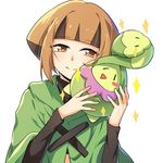  alternate_color blush_stickers brown_eyes brown_hair budew capelet gen_4_pokemon green_capelet gym_leader headband highres natane_(pokemon) pokemon pokemon_(creature) pokemon_(game) pokemon_dppt shiny_pokemon short_hair simple_background smile sparkle transistor white_background 