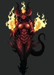  big_breasts black_hair breasts demon female fire glowing glowing_eyes hair horn l_axe long_hair nude plain_background pointy_ears raised_arm red_eyes solo 