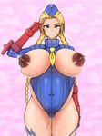  1girl aqua_eyes areolae blonde_hair breasts breasts_out breasts_outside cammy_white dark_nipples erect_nipples female hat huge_breasts ikiteru lactation long_hair looking_at_viewer milk navel necktie nipples pink_background pregnant salute scar solo standing street_fighter sweat uniform 