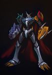  armor bandai cape digimon fangs full_armor horns male male_focus no_humans omegamon royal_knights simple_background solo utei_so 