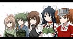  black_hair blue_eyes brown_eyes brown_hair drie flat_chest green_hair grey_hair hachimaki headband headgear japanese_clothes kantai_collection kariginu katsuragi_(kantai_collection) long_hair magatama multiple_girls muneate ponytail ryuujou_(kantai_collection) short_hair smile taihou_(kantai_collection) twintails visor_cap zuihou_(kantai_collection) zuikaku_(kantai_collection) 