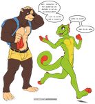 2015 abs age_difference alpha_channel anthro backpack banjo-kazooie banjo_(banjo-kazooie) bear belt biceps big_muscles blue_eyes brown_fur bulge chameleon claws clothed clothing colored crossover dialogue duo edit english_text flaccid fur green_skin half-dressed invalid_tag lizard male mammal muscles necklace nipples nude open_mouth pants pecs penis plain_background plantigrade playtonic_games rare reptile scalie shorts size_difference smile speech_bubble spelunker_sal standing teeth text toe_claws topless transparent_background uncut video_games yellow_skin yooka yooka-laylee 