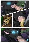  2018 amo_(amocin) amocin anthro armor balls black_nose blizzard_entertainment blue_eyes canine claws clothed clothing comic death_knight digital_media_(artwork) druids_the_comic duo erection eye_contact fangs fellatio female forest fur glowing glowing_eyes hair male male/female mammal open_mouth oral penis sex shaidan_(amocin) teeth tongue tree undead video_games warcraft were werewolf wolf worgen 