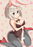  absurdres alternate_costume animal_ears blue_eyes bow bowtie breasts bunny_ears bunny_tail bunnysuit cleavage detached_collar hair_over_one_eye hamakaze_(kantai_collection) highres kantai_collection kapatarou large_breasts pantyhose pink_hair short_hair silver_hair sitting solo tail wariza wrist_cuffs 