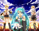  2girls :d aqua_eyes aqua_hair bare_shoulders baretto_(karasi07) belt blonde_hair collared_shirt commentary crossed_arms detached_sleeves drumsticks guitar hatsune_miku instrument kagamine_len kagamine_rin long_hair looking_at_viewer midriff multiple_girls navel neckerchief necktie open_mouth outdoors outstretched_arm outstretched_hand pov school_uniform serafuku shirt short_hair shorts sleeveless sleeveless_shirt smile squatting standing thighhighs thighs twilight twintails vocaloid yellow_eyes 