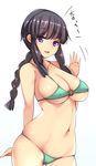  bikini black_hair blush braid breasts green_bikini ippongui kantai_collection kantai_collection_(anime) kitakami_(kantai_collection) large_breasts long_hair navel o-ring o-ring_top open_mouth sidelocks single_braid smile solo swimsuit 