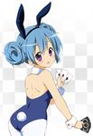  animal_ears aqua_hair back bad_id bad_pixiv_id blue_hair blush bunny_ears bunnysuit card checkered checkered_background detached_collar looking_at_viewer original pantyhose playing_card purple_eyes ragho_no_erika short_hair solo wrist_cuffs 