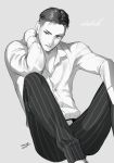  1boy amg_(nwmnmllf) artist_name character_name collared_shirt greyscale hand_behind_head male_focus monochrome otabek_altin pants shirt sitting striped striped_pants yuri!!!_on_ice 
