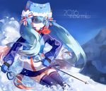  2016 character_name gloves hat hatsune_miku highres long_hair skiing skirt smile snowflakes solo thighhighs twintails unreal-butterfly vocaloid yuki_miku zettai_ryouiki 