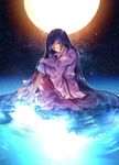  barefoot black_hair brown_eyes earth full_moon highres houraisan_kaguya imperishable_night leg_hug long_hair long_sleeves looking_at_viewer moon night planet sash shirt sitting skirt solo space sunakumo touhou very_long_hair wide_sleeves 