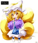  ankle_cuffs blonde_hair chestnut_mouth dress fox_tail hands_up hat head_tilt kazami_karasu long_sleeves multiple_tails no_shoes short_hair simple_background solo tabard tail touhou translation_request white_background white_dress yakumo_ran yellow_eyes 