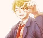  blonde_hair jewelry kanbara_akihito kyoukai_no_kanata male_focus miki_(applemu) necktie orange_eyes ring school_uniform short_hair 