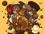  1girl amatera arachnemon armor bandai blackwargreymon cake chocolate claws digimon digimon_adventure digimon_adventure_02 dragon food hat helmet horns long_hair monster mummymon simple_background smile yellow_eyes 