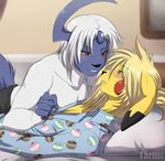  2015 absol amber_eyes anthro bed blonde_hair blush clothed clothing duo fur hair long_hair male male/male nintendo on_bed orange_eyes pikachu pok&eacute;mon pok&eacute;morph romantic smile tartii under_covers video_games white_fur white_hair 