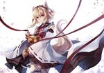  animal_ears bell detached_sleeves fox_ears fox_tail highres japanese_clothes miko original revision ribbon ribbon-trimmed_sleeves ribbon_trim skade solo tail thighhighs 