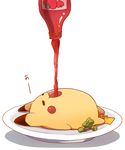  azuma_minatsu belly bottle broccoli condiment drinking eating gen_1_pokemon ketchup lying no_humans on_back open_mouth pikachu plate pokemon pokemon_(creature) pouring 