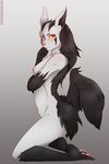  2015 anthro areola black_fur black_hair blush breasts claws clue_(artist) female fur grey_fur hair hindpaw kneeling long_hair looking_at_viewer mightyena nintendo nipples nude pawpads paws pink_nose pok&eacute;mon pok&eacute;morph red_eyes solo video_games 