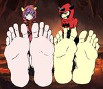  2girls barefoot black_hair fake_horns feet hoodie horned_headwear kagari_(pokemon) multiple_girls murati2882_(artist) pokemon pov_feet purple_eyes purple_hair red_eyes ribbed_sweater soles sweater tagme team_magma team_magma_grunt team_magma_grunt_(remake) toes uniform 