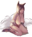  ahri animal_ears boots breasts fox_ears fox_tail full_body lactation large_breasts league_of_legends looking_at_viewer multiple_tails nipples pandea_work simple_background sitting smile solo tail topless wariza white_background yellow_eyes 