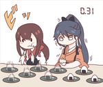  :t akagi_(kantai_collection) brown_hair commentary_request eating food high_ponytail houshou_(kantai_collection) japanese_clothes kantai_collection kimono long_hair long_ponytail mato_tsuyoi multiple_girls muneate onigiri ponytail simple_background white_background 