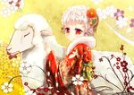  blush caesar8149 floral_background flower hair_flower hair_ornament highres horns japanese_clothes kimono obi original red_eyes sash sheep sheep_horns short_hair white_hair 