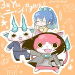  black_hair blue_hair blush book cat chair closed_eyes cosplay desk fang food formal fubukihime ice_cream ice_cream_cone jibanyan komasan long_hair multicolored_hair multiple_tails necktie notched_ear open_mouth orange_background parody pencil ponytail sakamoto_kinpachi sakamoto_kinpachi_(cosplay) sannen_b-gumi_kinpachi_sensei sannen_y-gumi_nyanpachi_sensei set_square smile soft_serve star suit tail twitter_username two-tone_hair two_tails umi_(srtm07) youkai youkai_watch 