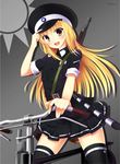  :d assault_rifle bicycle black_skirt blonde_hair blush brown_eyes flag_background grey_background ground_vehicle gun hat hat_tip kukan long_hair looking_at_viewer open_mouth pleated_skirt police police_uniform republic_of_china_flag rifle simple_background skirt smile solo thighhighs uniform very_long_hair weapon zettai_ryouiki 