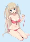  :d barefoot bikini blonde_hair blue_background blue_eyes breasts cleavage front-tie_top full_body happy highres large_breasts long_hair navel open_mouth original revision side-tie_bikini simple_background sitting smile solo swimsuit tera_(teraura) twintails untied untied_bikini untying very_long_hair yokozuwari 