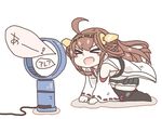  &gt;_&lt; ahoge black_legwear black_skirt bladeless_fan brown_hair closed_eyes commentary_request double_bun dyson electric_fan fan_speaking headgear kantai_collection kongou_(kantai_collection) long_hair mato_tsuyoi nontraditional_miko open_mouth pleated_skirt simple_background skirt solo thighhighs translated white_background zettai_ryouiki 