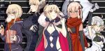  ahoge artoria_pendragon_(all) artoria_pendragon_(lancer_alter) artoria_pendragon_(swimsuit_rider_alter) baozi blonde_hair bow breasts brown_eyes cape crossed_arms eating fate/grand_order fate_(series) food food_in_mouth fur_cape glasses hair_bow height_chart jeanne_d&#039;arc_(fate)_(all) jeanne_d&#039;arc_alter_santa_lily jeanne_d'arc_(fate)_(all) jeanne_d'arc_alter_santa_lily looking_at_viewer medium_breasts multiple_girls mysterious_heroine_x_(alter) okita_souji_(alter)_(fate) okita_souji_(fate)_(all) over_shoulder pale_skin popcorn sack scarf small_breasts smile sweater teshima_nari upper_body weapon weapon_over_shoulder yellow_eyes 