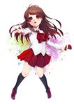  brown_hair flower ib ib_(ib) kneehighs long_hair open_mouth outstretched_arm red_eyes rose shirt skirt solo usagiumi 