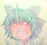  acrylic_paint_(medium) ahoge blue_hair bow cirno fang graphite_(medium) hair_bow ice ice_wings no_pupils open_mouth portrait short_hair shouting solo touhou traditional_media watercolor_(medium) wings yuyu_(00365676) 