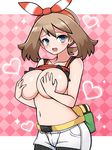  bike_shorts blue_eyes blush breasts brown_hair chro_(rulurullu) covering covering_breasts fanny_pack hair_ribbon haruka_(pokemon) heart highres huge_breasts looking_at_viewer open_mouth pokemon pokemon_(game) pokemon_oras ribbon shiny shiny_skin shirt shirt_lift short_shorts shorts sidelocks sleeveless sleeveless_shirt solo sparkle 