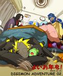  1girl amatera arachnemon armor black_hair blackwargreymon blonde_hair claws creature digimon digimon_adventure digimon_adventure_02 dragon gauntlets hat helmet horns house long_hair monster multiple_boys mummymon oikawa_yukio pipimon short_hair silver_hair sunglasses yellow_eyes 