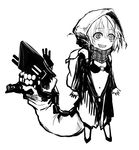  backpack bag chibi greyscale hood hoodie jariinu_(gomasionori) kantai_collection looking_at_viewer monochrome navel o-ring o-ring_top re-class_battleship rigging scarf sharp_teeth short_hair simple_background smile solo tail teeth white_background wide-eyed 