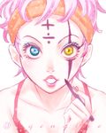  9lara blue_eyes facepaint hair_up headband heterochromia jojo_no_kimyou_na_bouken lips lowres pink_hair short_hair trish_una vento_aureo yellow_eyes 