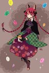  alternate_costume animal_ears ascot bad_id bad_pixiv_id boots bow braid can candy capelet cat_ears cat_tail floral_print food hair_bow japanese_clothes kaenbyou_rin kimono long_hair mei_(meiko22) meiji_schoolgirl_uniform red_eyes red_hair solo tail touhou twin_braids very_long_hair 