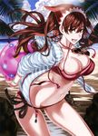  :d alicia_melchiott ball beach beachball bikini breasts brown_eyes brown_hair cleavage glasses headwear highres honjou_raita hood hooded_jacket jacket large_breasts looking_at_viewer navel ocean open_mouth red_bikini senjou_no_valkyria smile solo sunglasses sweat swimsuit tongue 