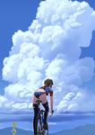  ass back bicycle bike_jersey bikini_bottom blue_sky brown_hair cloud crop_top day dimples_of_venus fingerless_gloves gloves ground_vehicle helmet highres hitomi_kazuya long_hair midriff motion_lines original outdoors ponytail riding road_sign sign sky solo thighhighs twitter_username 
