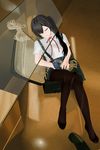  absurdres black_hair black_legwear blush closed_eyes d10c2 hand_under_clothes hand_under_skirt highres long_hair open_mouth original pantyhose rope school_uniform shoes side_ponytail single_shoe sitting skirt solo suspenders 