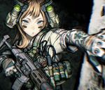  1girl artist_request blue_eyes blurry brown_hair character_request depth_of_field eye_black face_paint face_painting facepaint gloves gun operator solo tattoo weapon 