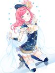  ancotaku blush boots breasts brooch cape clenched_hands constellation constellation_costume dress garter_straps hat jewelry knee_boots kneeling looking_at_viewer love_live! love_live!_school_idol_project medium_breasts nishikino_maki print_hat purple_eyes red_hair solo star starry_sky_print thigh_strap 