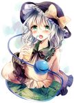  :o bangs blush bow breasts bucket closed_eyes collared_shirt cowboy_shot cup drink drinking_glass drinking_straw frills green_eyes hat hat_bow heart holding komeiji_koishi long_sleeves looking_at_viewer md5_mismatch open_mouth sash shirt short_hair silver_hair skirt skirt_set small_breasts solo striped third_eye touhou ukita_uuko wide_sleeves 