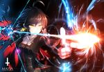  arrow bai_yemeng black_dress black_hair bow_(weapon) drawing_bow dress earrings glowing glowing_weapon highres jacket jewelry long_sleeves open_clothes open_jacket pixiv_fantasia pixiv_fantasia_t revision solo weapon yellow_eyes 