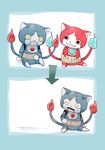  bad_pixiv_id black_eyes blue_fire cat comic fire haramaki jibanyan multiple_tails no_humans notched_ear open_mouth rivets robonyan robot silent_comic sitting tail tail-tip_fire toyo_(toyoyomi) two_tails yellow_eyes youkai youkai_watch 