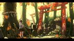  autumn book bow brown_eyes brown_hair forest hat highres kaatoso leaf letterboxed maple_leaf nature onbashira ribbon short_hair shrine skirt solo torii touhou tree usami_renko 