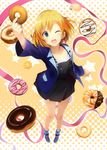  angel_french blonde_hair blue_eyes blush collarbone doughnut food french_cruller gradient gradient_background halftone halftone_background highres holding jas_(annkoromochi) looking_at_viewer miyamori_aoi old-fashioned_doughnut one_eye_closed open_mouth pon_de_ring ribbon shirobako shoes short_hair socks solo 